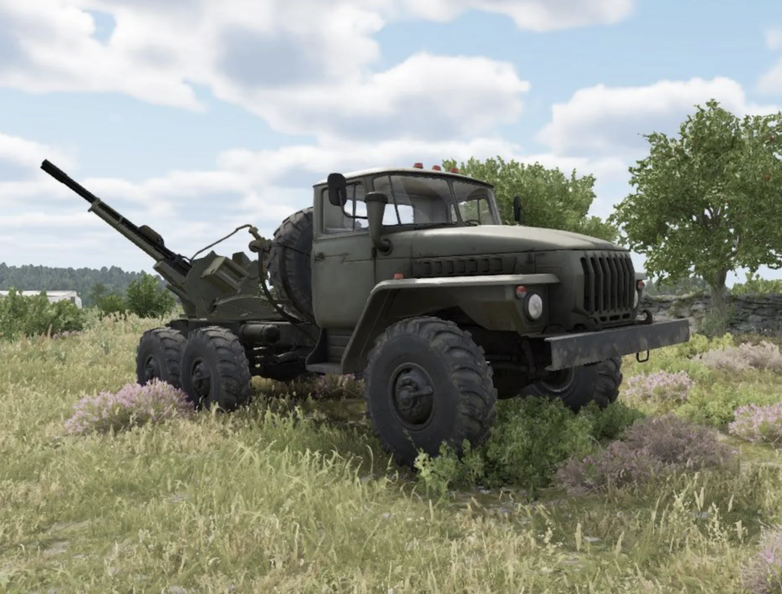 Illustrative hooded URAL 6x6 field platform with a mounted specialist system