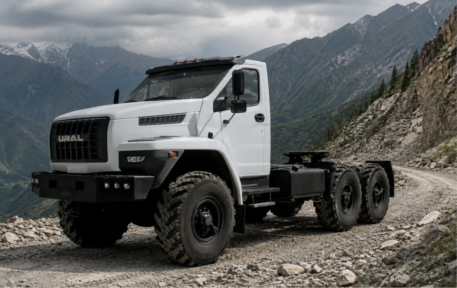 Modern URAL 6x6 cab and chassis platform on a mountain logistics route