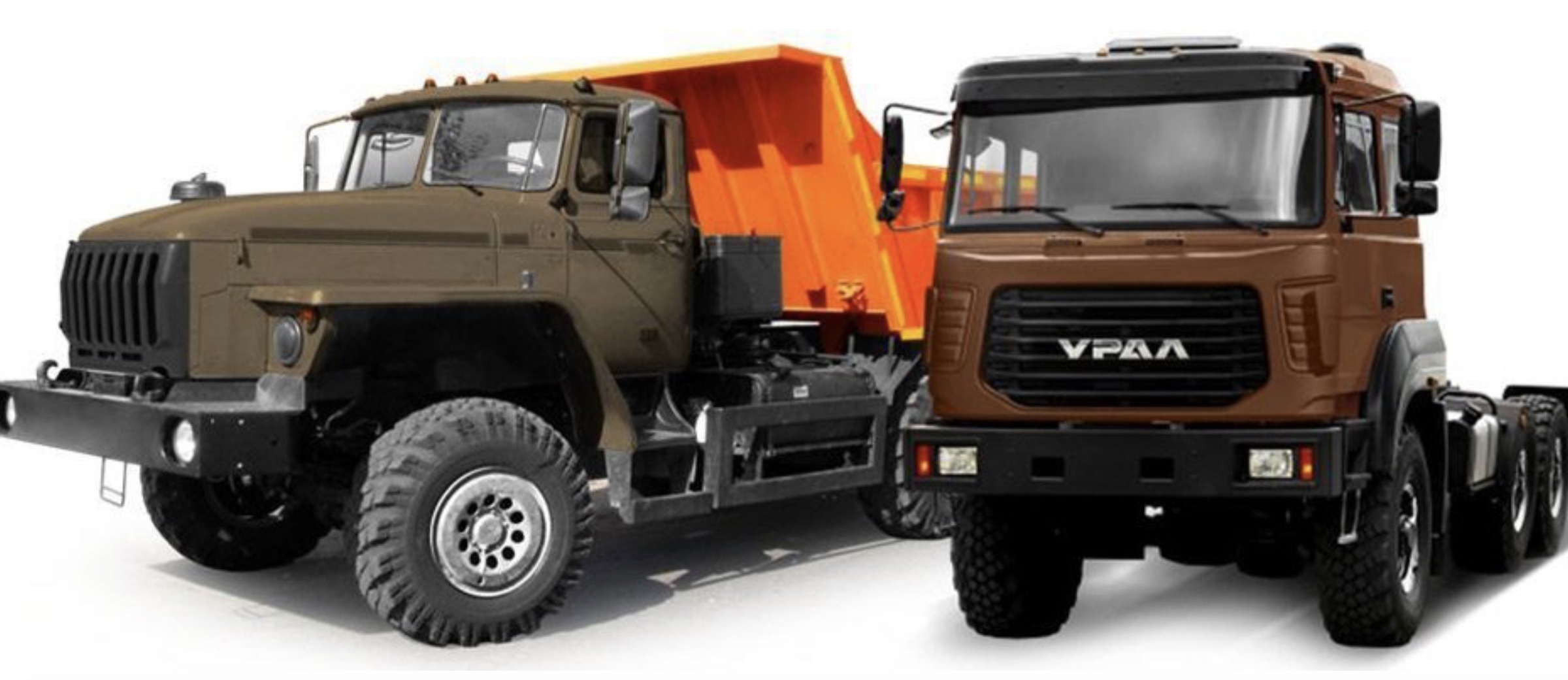 Earlier bonneted URAL truck beside a later cab-over URAL chassis
